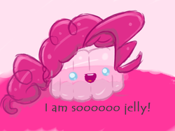 Size: 640x480 | Tagged: safe, artist:acharmingpony, pinkie pie, object pony, g4, :d, dialogue, food, food transformation, inanimate tf, jelly, open mouth, ponified, pun, smiling, solo, transformation