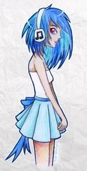 Size: 660x1302 | Tagged: safe, artist:eljonek, dj pon-3, vinyl scratch, human, g4, clothes, female, headphones, humanized, looking at you, skinny, skirt, solo, thin, traditional art