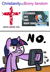 Size: 500x723 | Tagged: safe, rainbow dash, twilight sparkle, g4, meme, reaction, religion