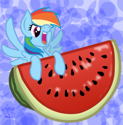 Size: 619x632 | Tagged: safe, artist:mischakins, rainbow dash, pony, g4, female, micro, solo, tiny ponies, watermelon