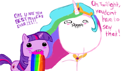 Size: 1500x853 | Tagged: safe, artist:smileyface102, princess celestia, twilight sparkle, pony, unicorn, g4, female, lip bite, mare, puking rainbows, vomiting