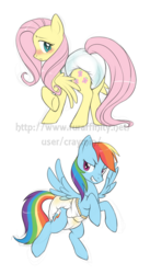 Size: 658x1200 | Tagged: safe, artist:craymin, fluttershy, rainbow dash, pegasus, pony, g4, blushing, diaper, diaper fetish, female, grin, lowres, non-baby in diaper, peeing in diaper, pissing, simple background, smiling, urine, wet diaper, white background
