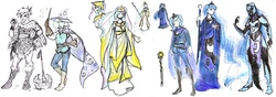 Size: 2274x800 | Tagged: safe, artist:robd2003, gilda, nightmare moon, princess celestia, princess luna, trixie, g4, axe, clothes, crossover, dungeons and dragons, fantasy class, gloves, humanized, sketch, sketch dump, wand, weapon