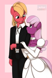 Size: 1020x1530 | Tagged: safe, artist:kloudmutt, big macintosh, cheerilee, earth pony, anthro, g4, clothes, dress, female, male, ship:cheerimac, shipping, straight, wedding, wedding dress