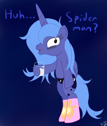 Size: 1100x1300 | Tagged: safe, artist:e-co, princess luna, pony, g4, askprincesstrolluna, bed mane, bipedal, clothes, female, milk, panties, s1 luna, simple background, socks, solo, underwear