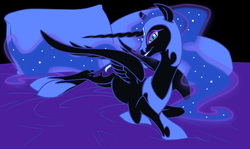 Size: 1339x797 | Tagged: safe, artist:jackjacko-eponymous, artist:php27, color edit, edit, nightmare moon, alicorn, pony, succubus, g4, bed, bedroom eyes, colored, ethereal mane, female, go to bed, grin, hoof shoes, mare, pillow, slit pupils, smiling, solo, starry mane, stupid sexy nightmare moon, sultry pose