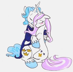 Size: 1230x1225 | Tagged: safe, artist:frankilew, fancypants, fleur-de-lis, pony, unicorn, g4, blushing, eyes closed, female, hug, male, mare, ship:fancyfleur, shipping, stallion, straight