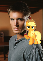 Size: 318x450 | Tagged: safe, artist:iron-ghos, applejack, earth pony, human, pony, g4, dean winchester, female, human male, irl, irl human, jensen ackles, male, mare, photo, shoulder pony, supernatural