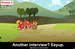 Size: 1024x672 | Tagged: safe, big macintosh, earth pony, pony, comic:celestia's servant interview, g4, apple, apple tree, bucket, caption, interview, male, meta, solo, stallion, sweet apple acres, tree