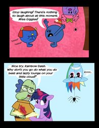 Size: 787x1014 | Tagged: safe, artist:abigail m., rainbow dash, twilight sparkle, pegasus, pony, spider, unicorn, g4, bossy, comic, crossover, female, fish hooks, giggling, horn, little miss, little miss bossy, little miss giggles, little miss naughty, male, mare, mr. baldwin, mr. men, mr. men little miss, naughty, the mr. men show, unicorn twilight