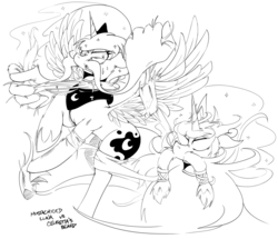 Size: 1280x1101 | Tagged: safe, artist:balooga, princess celestia, princess luna, g4, beard, lineart, monochrome, moustache