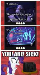 Size: 513x960 | Tagged: safe, rarity, pony, g4, exploitable meme, megatron, meme, transformers, tv meme, uncouth, wheeljack