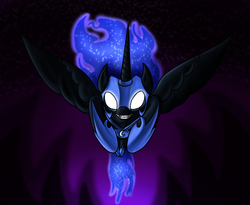 Size: 1995x1638 | Tagged: safe, artist:myhysteria, nightmare moon, g4, duo, flying, glowing eyes, grin, it's coming right at us, pounce