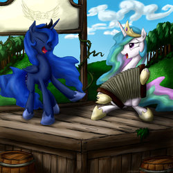 Size: 900x900 | Tagged: safe, artist:rule1of1coldfire, princess celestia, princess luna, alicorn, pony, g4, accordion, cute, dancing, duo, eyes closed, female, mare, musical instrument, open mouth, platform, singing, sitting, stage