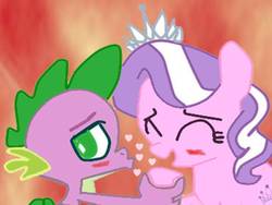 Size: 960x720 | Tagged: safe, artist:kaiamurosesei, diamond tiara, spike, dragon, earth pony, pony, g4, blushing, crack shipping, duo, duo male and female, eyes closed, female, filly, floating heart, foal, heart, jewelry, looking away, looking back, male, open mouth, open smile, ship:spiketiara, shipping, smiling, straight, tiara