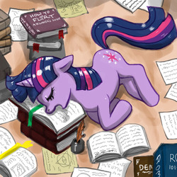 Size: 900x900 | Tagged: safe, artist:johnjoseco, twilight sparkle, pony, g4, book, cute, drool, female, floppy ears, illuminati, on side, open mouth, quill, sleeping, snoring, solo