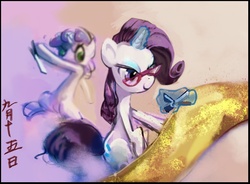 Size: 703x517 | Tagged: safe, artist:electrixocket, rarity, sweetie belle, pony, unicorn, g4, female, glasses, glowing horn, gold silk, horn, knife, sisters, spy belle