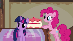 Size: 640x360 | Tagged: safe, edit, edited screencap, screencap, pinkie pie, twilight sparkle, unicorn, season 1, swarm of the century, abdominal bulge, animated, cake, cartoon physics, digestion, digestion without weight gain, duo, eating, female, food, instant digestion, loop, neck bulge, perfect loop, stuffing, swallowing, throat bulge, unicorn twilight