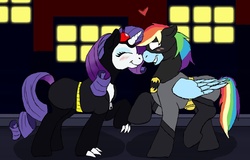 Size: 1280x819 | Tagged: safe, artist:grandmaster-popo, rainbow dash, rarity, pegasus, pony, unicorn, g4, batman, batmare, catmare, catwoman, crossover, duo, female, lesbian, mare, parody, ship:raridash, shipping