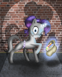 Size: 1652x2042 | Tagged: safe, artist:giuliabeck, rarity, pony, unicorn, g4, animal costume, batman, belt, cat costume, catmare, catsuit, catwoman, clothes, costume, crime, crossover, description at source, female, gem, jewelry, mare, raricat, solo, spotlight, story in the source, thief, whiskers