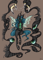 Size: 900x1247 | Tagged: safe, artist:koeks-bienchen, queen chrysalis, changeling, changeling queen, g4, crown, female, jewelry, regalia, transparent wings, wings