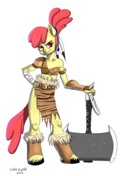 Size: 1230x1692 | Tagged: safe, artist:siberwar, apple bloom, earth pony, anthro, unguligrade anthro, g4, axe, barbarian, battle axe, feather, feather in hair, female, pose, solo, weapon