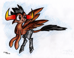 Size: 1440x1136 | Tagged: safe, artist:crayonponies, pegasus, pony, amputee, bull horns, flying, homestuck, horns, male, ponified, prosthetic leg, prosthetic limb, prosthetics, robotic leg, smiling, solo, species swap, tavros nitram, traditional art
