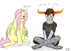 Size: 1050x750 | Tagged: safe, artist:xxxpyromaniaxxx, fluttershy, pegasus, pony, g4, amputee, blushing, bull horns, crossed legs, crossover, crossover shipping, female, homestuck, horns, looking away, male, mare, prosthetic leg, prosthetic limb, prosthetics, robotic leg, shipping, shy, sitting, tavros nitram, tavroshy, troll (homestuck)