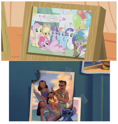 Size: 656x688 | Tagged: safe, edit, edited screencap, screencap, applejack, fluttershy, pinkie pie, rainbow dash, rarity, spike, twilight sparkle, dragon quest, g4, sweet and elite, lilo and stitch, mane seven, mane six, meta, picture frame, the saddest picture in equestria