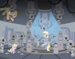 Size: 7484x5851 | Tagged: safe, artist:trotsworth, derpy hooves, dinky hooves, doctor whooves, time turner, cyber pony, cyberman, cyborg, earth pony, pegasus, pony, unicorn, g4, absurd resolution, crossover, cybermat, doctor who, female, filly, male, mare, stallion, the doctor, trio