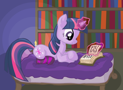 Size: 1045x763 | Tagged: safe, artist:poniesandsocks, twilight sparkle, pony, unicorn, g4, book, bookshelf, candle, clothes, female, magic, reading, socks, solo, striped socks, unicorn twilight
