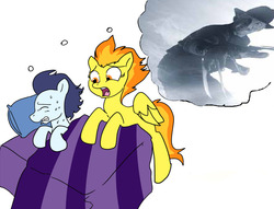 Size: 776x592 | Tagged: safe, soarin', spitfire, pegasus, pony, g4, female, freddy krueger, male, mare, nightmare, scared, sleeping, stallion, worried