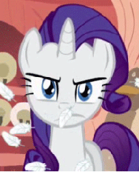 Size: 220x270 | Tagged: safe, screencap, rarity, pony, unicorn, g4, look before you sleep, season 1, angry, animated, feather, female, golden oaks library, it is on, mare, reaction image, solo