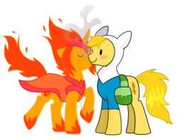 Size: 1950x1536 | Tagged: safe, artist:fuutachimaru, pony, adventure time, finn the human, finn the pony, flame princess, male, nuzzling, ponified