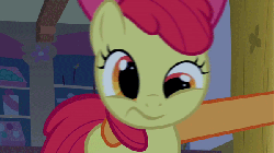 Size: 600x338 | Tagged: safe, screencap, apple bloom, applejack, earth pony, pony, bridle gossip, g4, season 1, animated, derp, female, filly, foal, mare, offscreen character, solo focus, spinning eyes