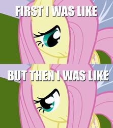 Size: 640x720 | Tagged: safe, edit, edited screencap, screencap, fluttershy, pegasus, pony, friendship is magic, g4, season 1, at first i was like but then i was like, cute, female, hair over one eye, looking away, looking down, mare, reaction image, shy, shyabetes, solo
