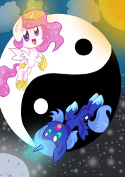 Size: 1240x1754 | Tagged: safe, artist:derpsonhooves, princess celestia, princess luna, alicorn, pony, g4, chibi, female, mare, yin-yang