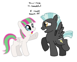 Size: 1117x907 | Tagged: safe, artist:artdude529, blossomforth, thunderlane, pegasus, pony, g4, beautiful, dialogue, female, i really like her mane, male, mane, mare, ship:blossomlane, shipping, simple background, stallion, straight, transparent background