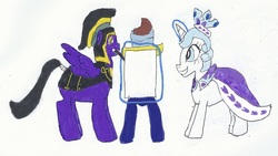 Size: 792x448 | Tagged: safe, artist:zeldatheswordsman, chancellor puddinghead, commander hurricane, princess platinum, g4, and that's how equestria was made, traditional art