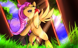 Size: 3200x2000 | Tagged: safe, artist:72-hours-remain, fluttershy, pegasus, pony, g4, apple, bipedal, drool, drool string, eating, female, grass, happy, herbivore, high res, lidded eyes, mare, perspective, solo, tree