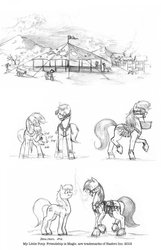 Size: 825x1280 | Tagged: safe, artist:baron engel, oc, oc only, oc:carousel, oc:petina, pony, blinders, breeching, grayscale, harness, monochrome, pencil drawing, traditional art