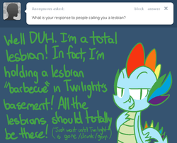 Size: 650x525 | Tagged: safe, artist:frostedwarlock, spike, dragon, g4, ask, male, rainbow dash replies, solo