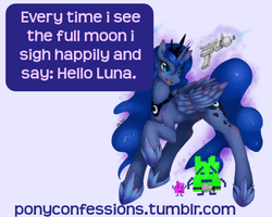 Size: 500x400 | Tagged: safe, princess luna, g4, james bond, laser, meta, moonraker, pony confession