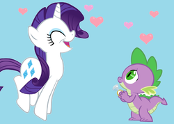 Size: 2000x1420 | Tagged: safe, artist:toothlessandhiccup, rarity, spike, dragon, pony, unicorn, g4, blue background, eyes closed, female, heart, interspecies, male, mare, open mouth, ship:sparity, shipping, simple background, straight