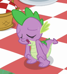 Size: 452x500 | Tagged: safe, edit, edited screencap, screencap, spike, dragon, a canterlot wedding, g4, season 2, animated, cropped, gif, loop, male, panting, picnic blanket, reversed, solo, sweat, tired
