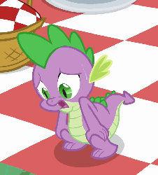 Size: 651x720 | Tagged: safe, screencap, spike, dragon, a canterlot wedding, g4, animated, cropped, gif, loop, male, panting, picnic blanket, solo, sweat, tired