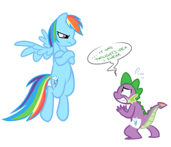 Size: 751x645 | Tagged: safe, artist:discrod, rainbow dash, spike, dragon, pegasus, pony, g4, crossed hooves, female, male, mare