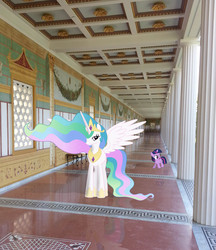 Size: 1727x1995 | Tagged: safe, princess celestia, twilight sparkle, pony, g4, cute, filly, getty villa, hall, hallway, irl, photo, ponies in real life, vector