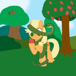 Size: 1200x1200 | Tagged: safe, artist:mightyshockwave, applejack, earth pony, pony, serpent, snake, g4, apple, bible, garden of eden, hatless, missing accessory, obligatory apple, satan