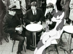 Size: 400x298 | Tagged: safe, oc, oc:fausticorn, human, george harrison, irl, irl human, john lennon, juice, lauren faust, paul mccartney, photo, sitting, the beatles